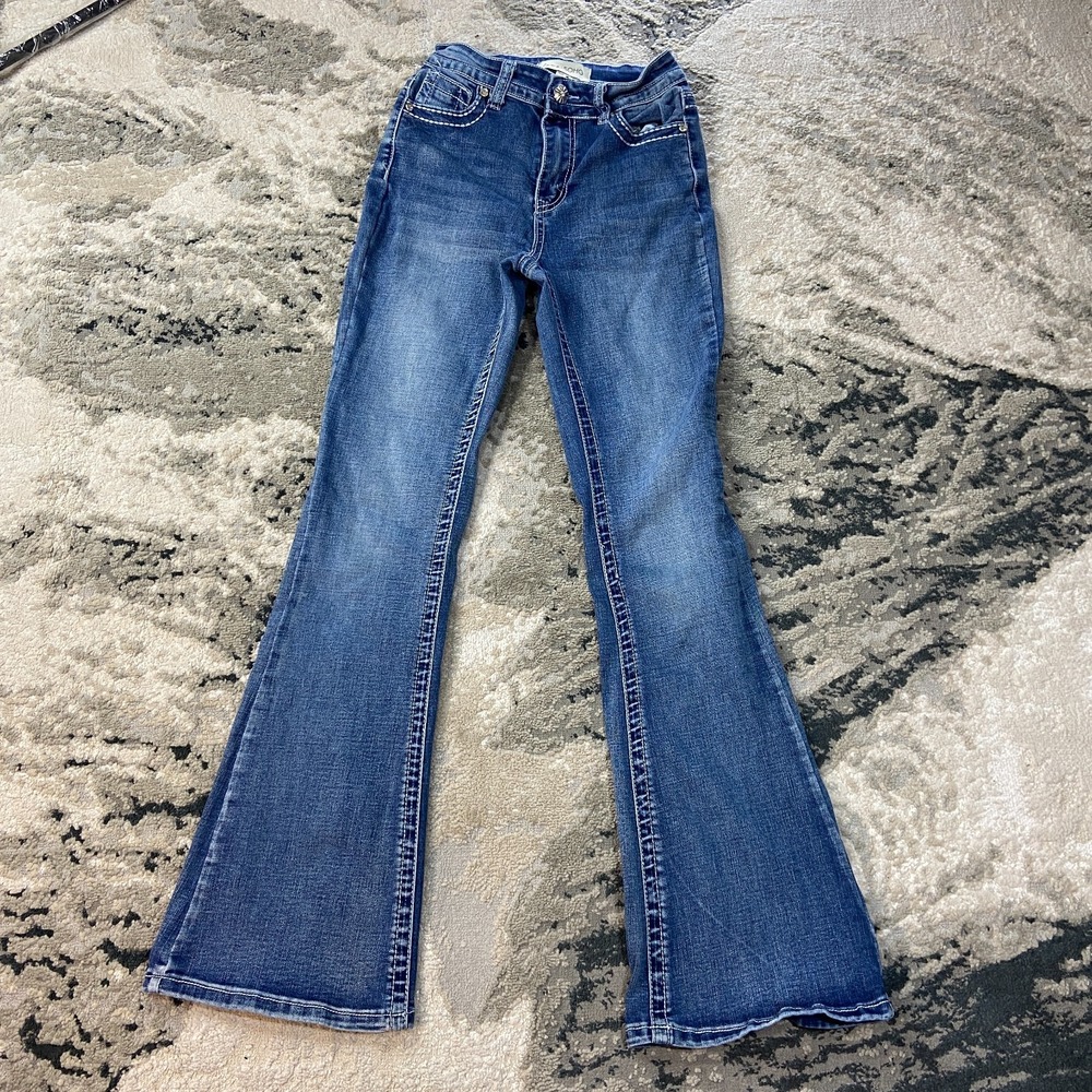 Y2K Love‎ Soho Bootcut Jeans Womens 00 Blue Whiskering Denim Stretch Flared